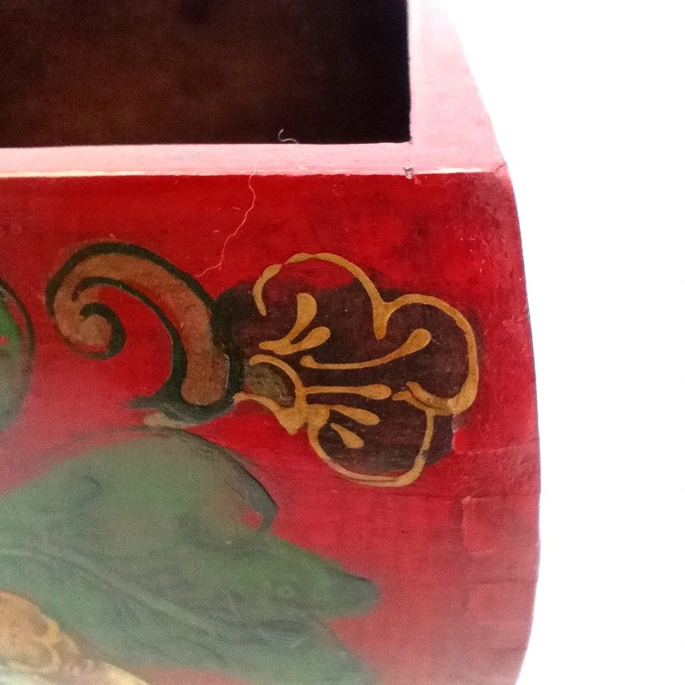 Wooden Dou Rice Grain Box Bucket‎ Red Floral Design Dove Tailed Corners
